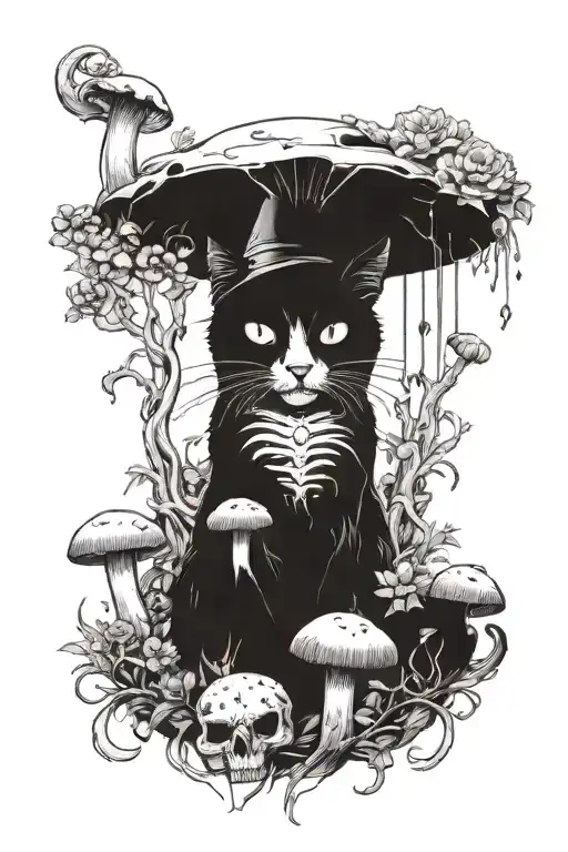 Witchy Cat Skull Surrounded By Mushrooms Growing