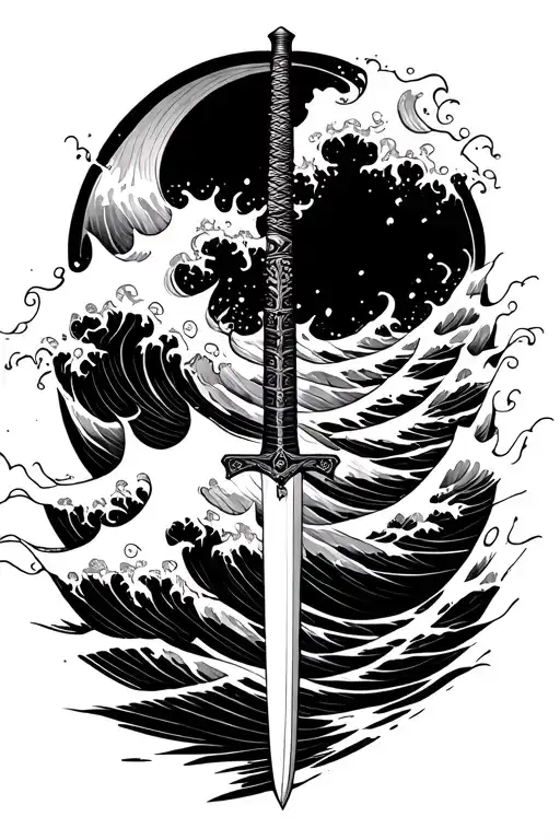 A Katana Sword Slicing Through Crashing Waves
