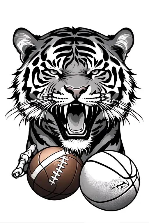 A Fierce Tiger With Money Symbols In Its Stripes And A Football And Basketball In Its Claws