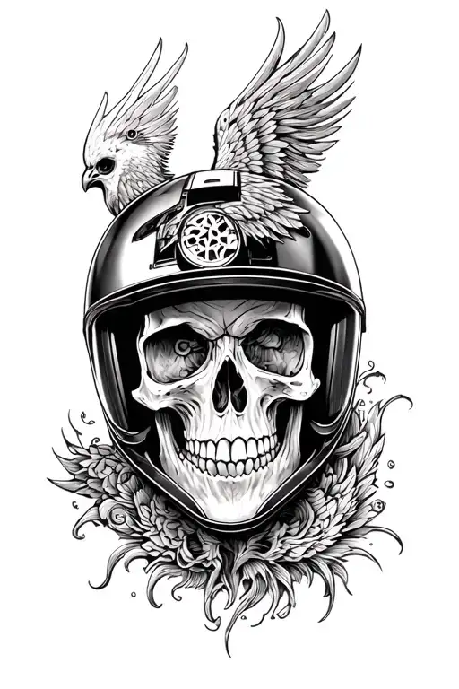 Skull With Flesh That Wears A Motorcycle Helmet And A Phenix