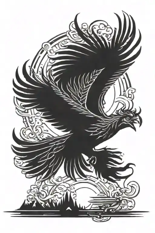 Firey Phoenix Flying Towards The Sun Rising