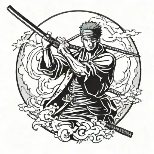 An Anime-inspired Design Featuring Roronoa Zoro Wielding A Katana Under A Full Moon