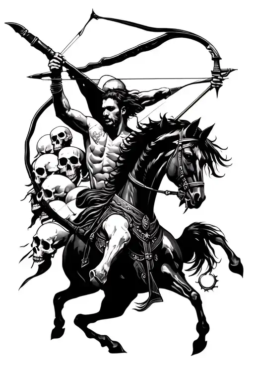 Man Sagittarius Half Horse Archer Shooting And Skulls All Around It