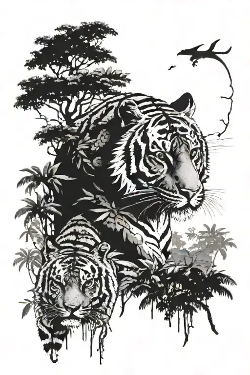 Tiger And Panther Facing Each Other Fiercely In A Jungle Setting With Sky Peeking Through The Canopy
