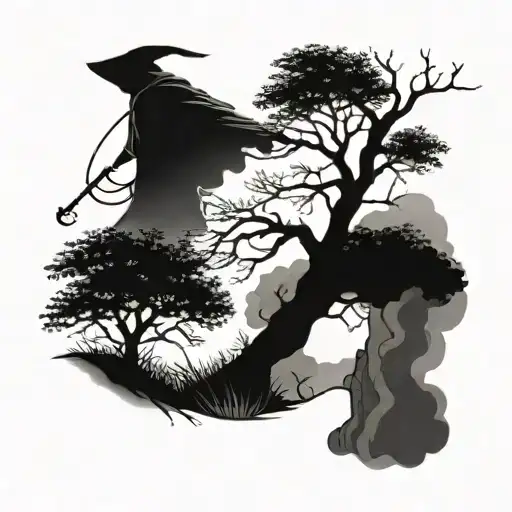 Big Autumn Tree On Hill With Grim Reaper