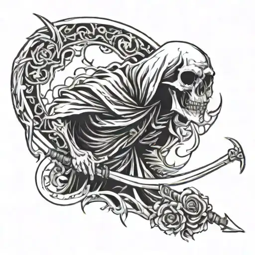 Grim Reaper With Scythe And Skull On The End