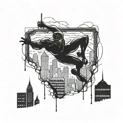 Spider-man Swinging Through The City With The Skyline In The Background