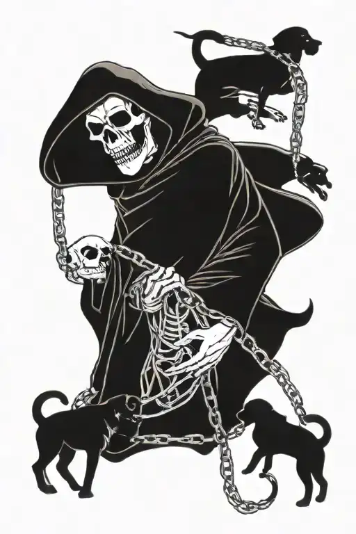 Grim Reaper Holding Mean Dogs In Chains
