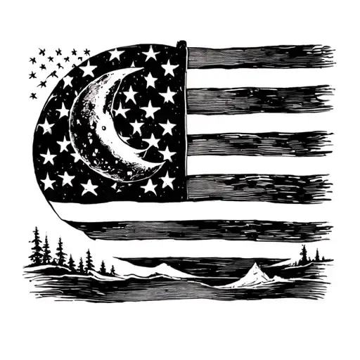 American Flag And Moon