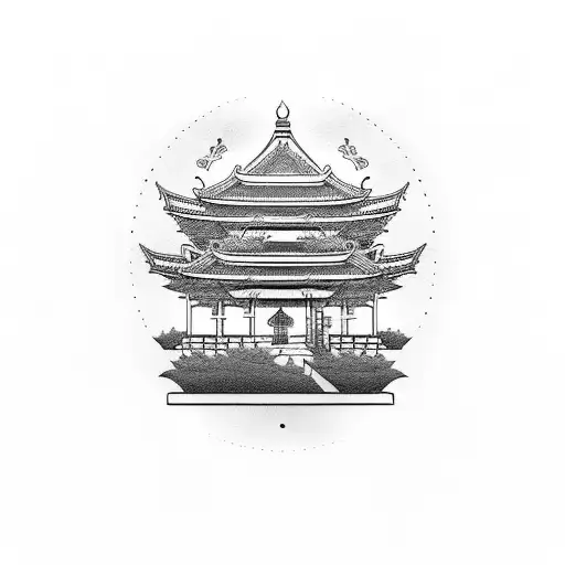 Asian Temple With Cherry Blossoms