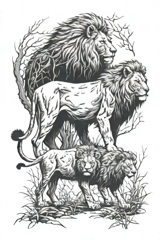 Lion And Two Cubs Walking In The Forest