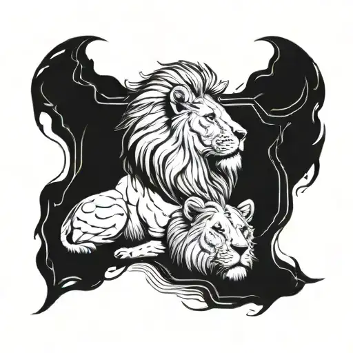 Lion And Lioness Protecting Cub