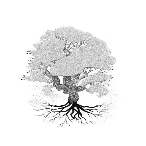 A Mystical Tree With Roots Reaching Deep Into The Earth