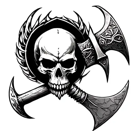 Tattoo Of A Skull With A Diabolic Double Edge Viking Ax