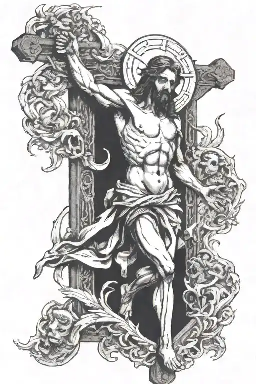 Jesus Christ On A Cross With Demons Fighting Angels