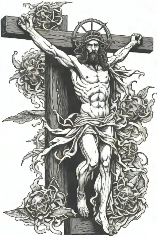 Jesus Christ On A Cross With Demons Fighting Angels