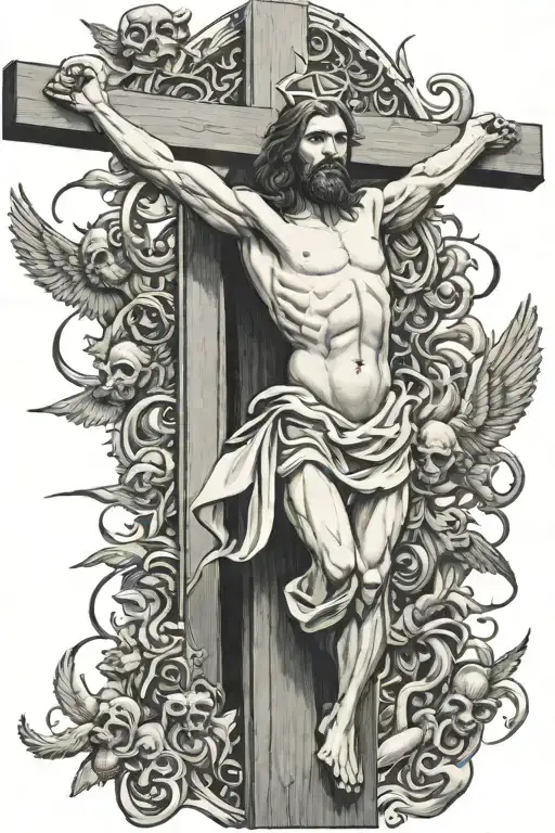 Jesus Christ On A Cross With Demons Fighting Angels