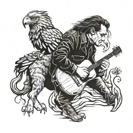 A Portrait Of Johnny Cash Playing Guitar With A Lion And Eagle Standing Beside Him