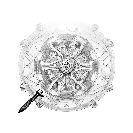 A Motorcycle Wheel Made Of Intricate Gun And Knife Handles