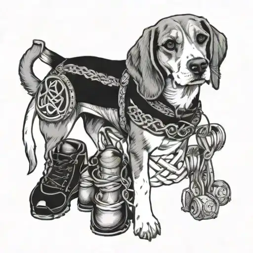 A Beagle Wearing A Celtic Collar And Surrounded By Hiking Gear