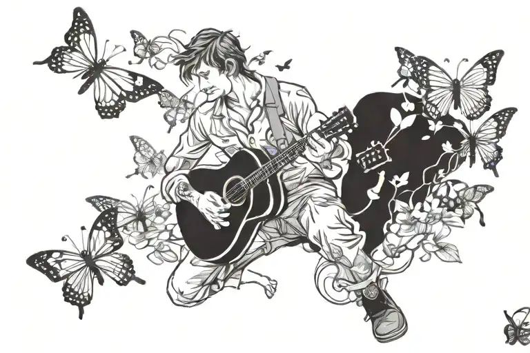Country Boy With Guitar And Butterflys Flying