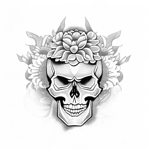 Skull With Bunnies And Chrysanthemums