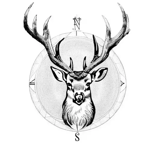 A Unique Blackwork Tattoo Depicting A Compass Merging With The Antlers Of A Majestic Deer