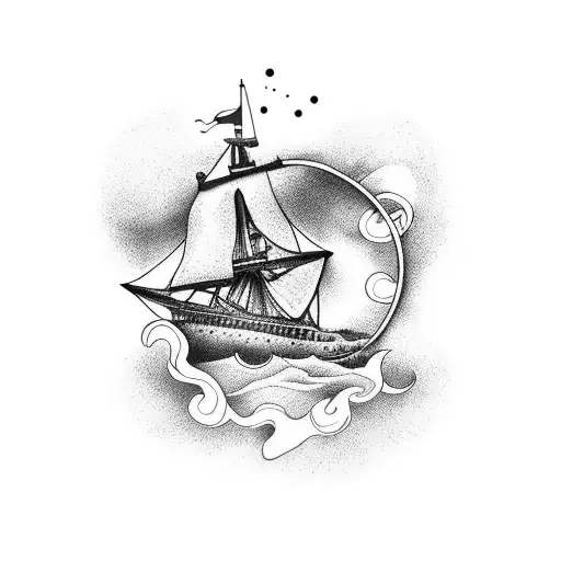 A Minimalist Tattoo Of A Film Reel With A Pirate Ship Sailing Through It