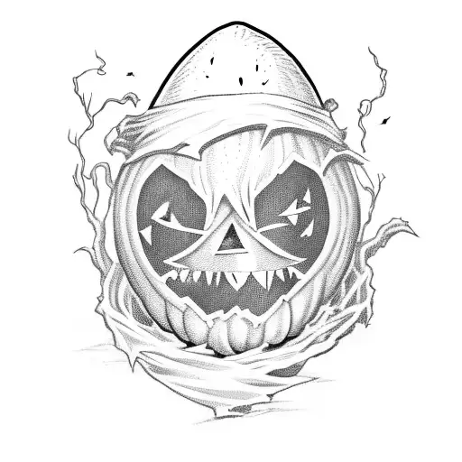 Scarecrow With Pumpkin Head And A Bat In A Head