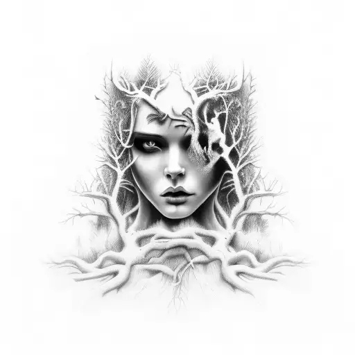 A Hauntingly Beautiful Woman Emerging From A Dark Forest