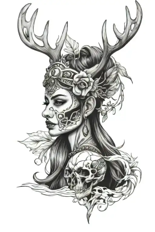 Woman Wearing A Deer Skull As A Headdress