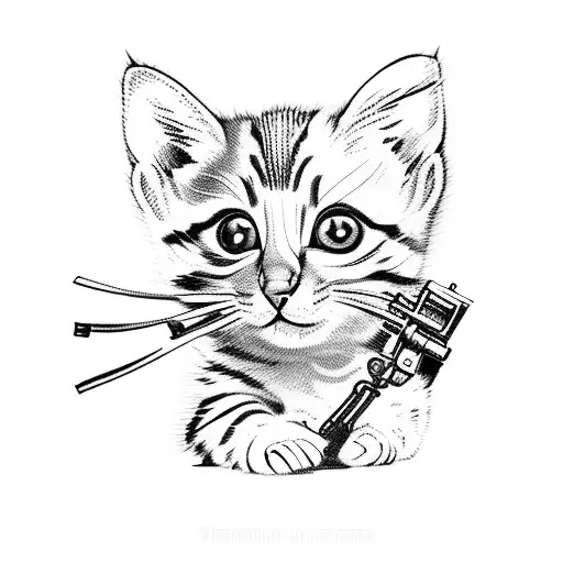 Small Kitten Holding An Extremely Large Gun And Looking Ready To Fight