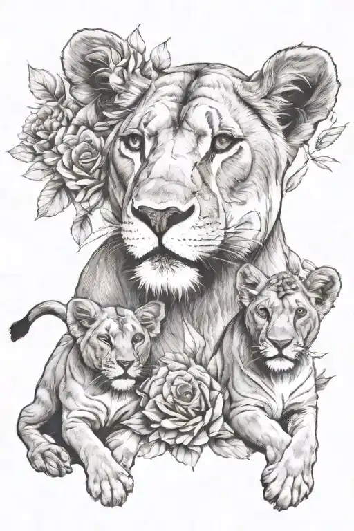 Lioness With Cubs And Flowers