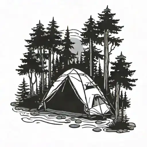 Camping Scene With A Tent Surrounded By Trees