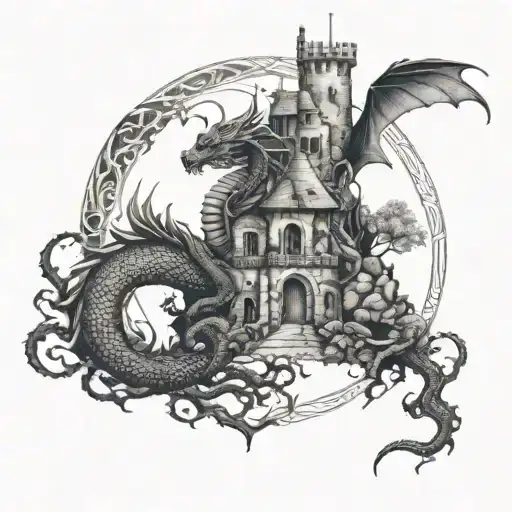 Dragon Around The Tree Of Life On The Background Of The Castle