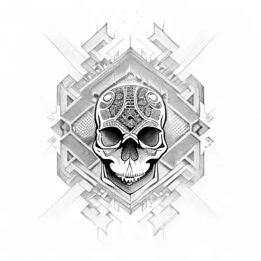 A Skull With Intricate Geometric Patterns Inspired By Heavy Metal Album Art