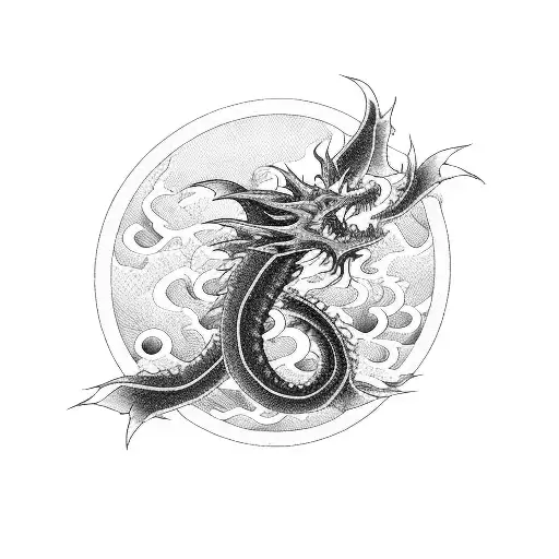 A Blackwork Japanese Dragon Swimming Through A Sea Of Waves