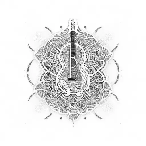 A Guitar Made Of Intricate Blackwork Patterns With Music Notes Flowing Out Of It