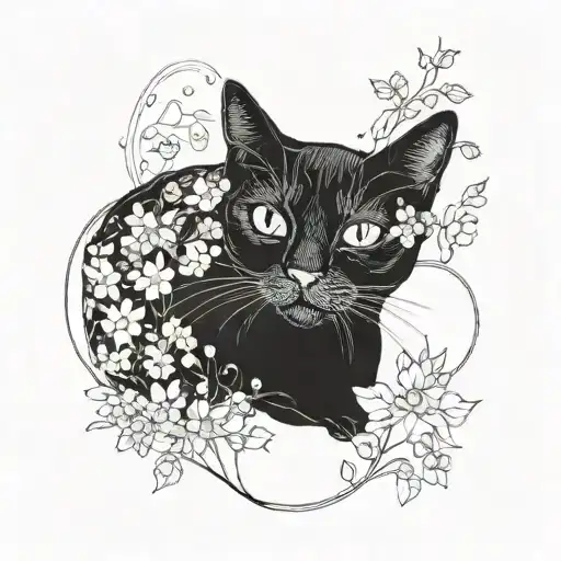 Cat Only Outline Looks Up At The Forget-me-not Flower As If She Misses Someone