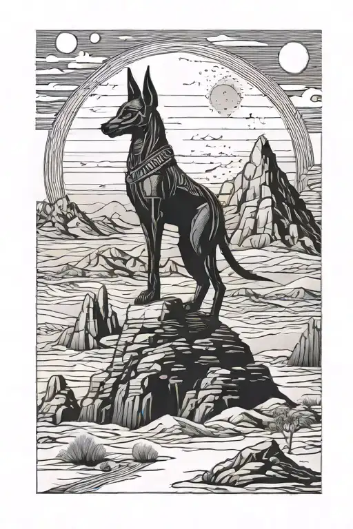Anubis With Piramids Full Moon Desert Landscape