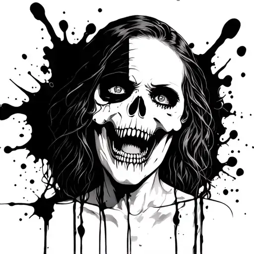 Girl Face Screaming With Vampire Fangs And Ink Splatter With Half Of Her Face Revealing Her Skull