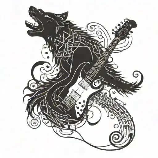 A Guitar Fretboard Intertwined With Musical Notes Forming A Wolf Silhouette