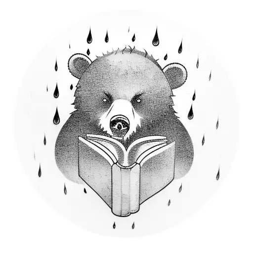 A Tattoo Of A Bear Reading A Book Under A Rain Cloud