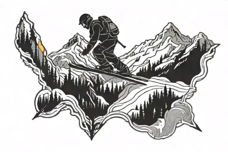 Skier On A Mountain Range Silhouette Surrounded