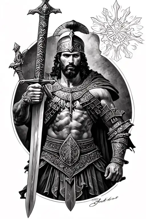 Roman Warrior With A Sword In His Head In Full Height