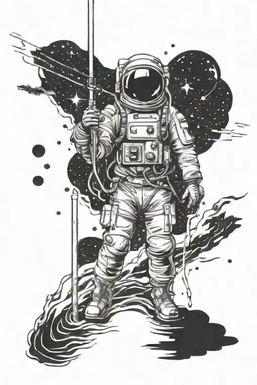 Spaceman Standing With A Fishing Rod In Water With The Night Sky Above