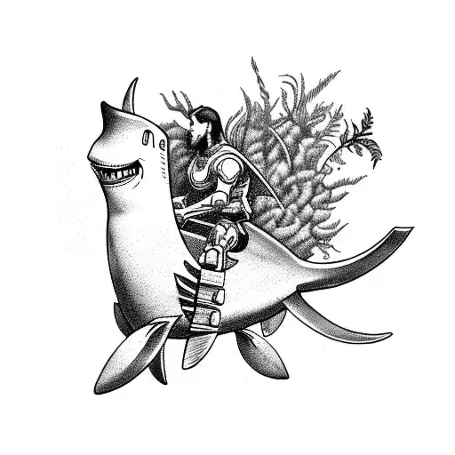 A Warrior Riding A Mechanical Shark Through A Field Of Plants
