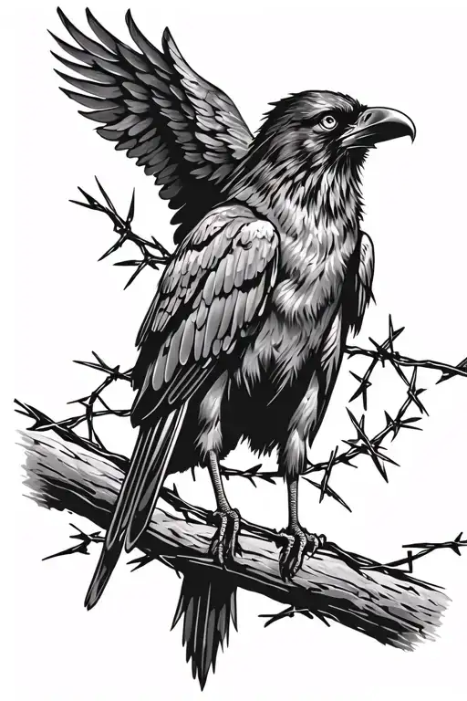 On Shoulder Blade Black Nordic Raven Sitting On Barbed Wire Strand That Wraps Around Upper Bicep