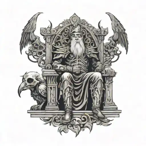 Odin On A Throne With Skulls And Crows In The Background