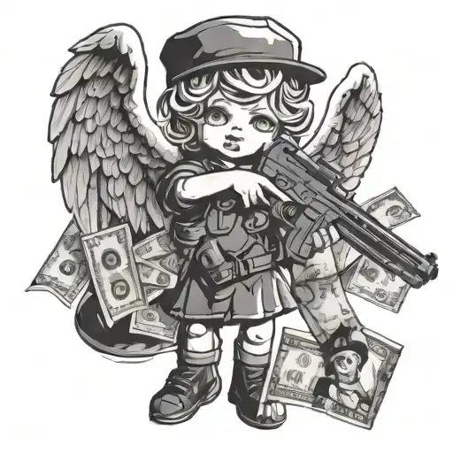 Little Angel With Money And Gun In Drawing